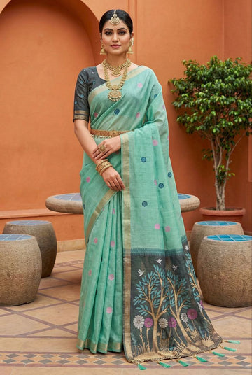 Mameraa Sarees Soft Pure Muga Cotton Saree With Meenakari Weaving Motifs And Contrast Blouse-Sky_Blue - Dista
