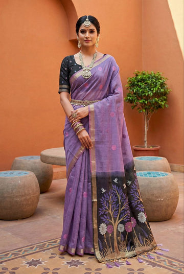 Mameraa Sarees Soft Pure Muga Cotton Saree With Meenakari Weaving Motifs And Contrast Blouse-Purple - Dista