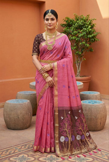 Mameraa Sarees Soft Pure Muga Cotton Saree With Meenakari Weaving Motifs And Contrast Blouse-Pink - Dista