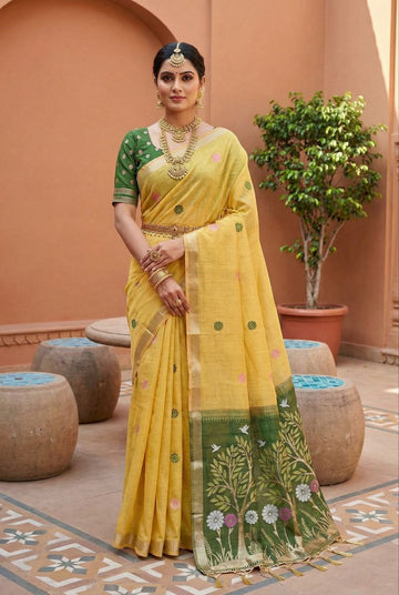 Mameraa Sarees Soft Pure Muga Cotton Saree With Meenakari Weaving Motifs And Contrast Blouse-Yellow - Dista