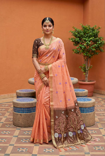 Mameraa Sarees Soft Pure Muga Cotton Saree With Meenakari Weaving Motifs And Contrast Blouse-Peach - Dista
