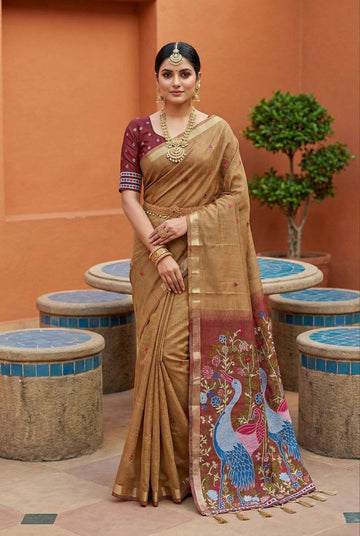 Mameraa Sarees Soft Pure Muga Cotton Saree With Meenakari Weaving Motifs And Contrast Blouse-Cream - Dista