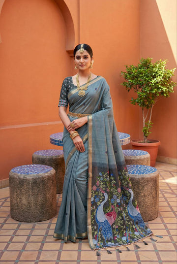 Mameraa Sarees Soft Pure Muga Cotton Saree With Meenakari Weaving Motifs And Contrast Blouse-Grey - Dista