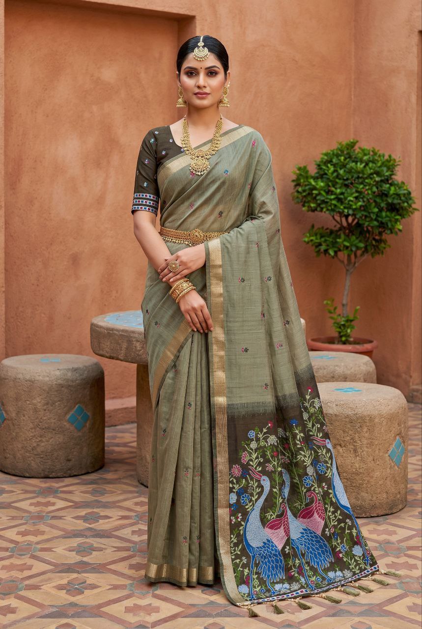 Mameraa Sarees Soft Pure Muga Cotton Saree With Meenakari Weaving Motifs And Contrast Blouse-Green - Dista