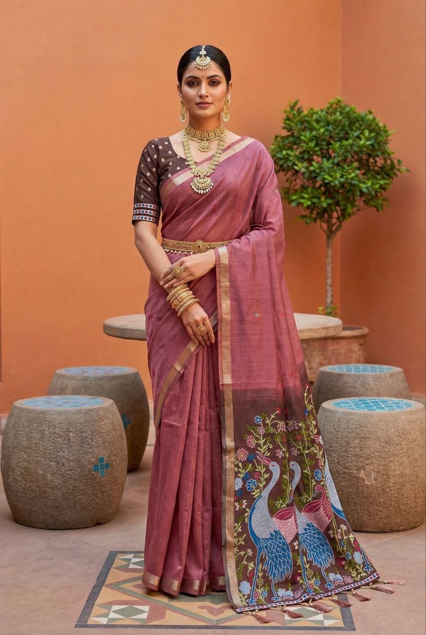Mameraa Sarees Soft Pure Muga Cotton Saree With Meenakari Weaving Motifs And Contrast Blouse-Pink - Dista