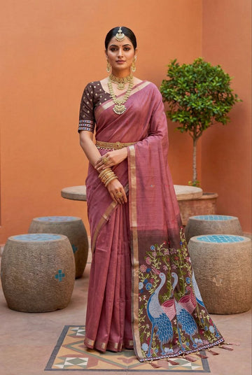 Mameraa Sarees Soft Pure Muga Cotton Saree With Meenakari Weaving Motifs And Contrast Blouse-Pink - Dista