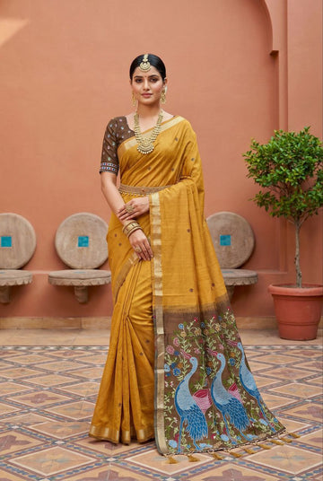 Mameraa Sarees Soft Pure Muga Cotton Saree With Meenakari Weaving Motifs And Contrast Blouse-Yellow - Dista