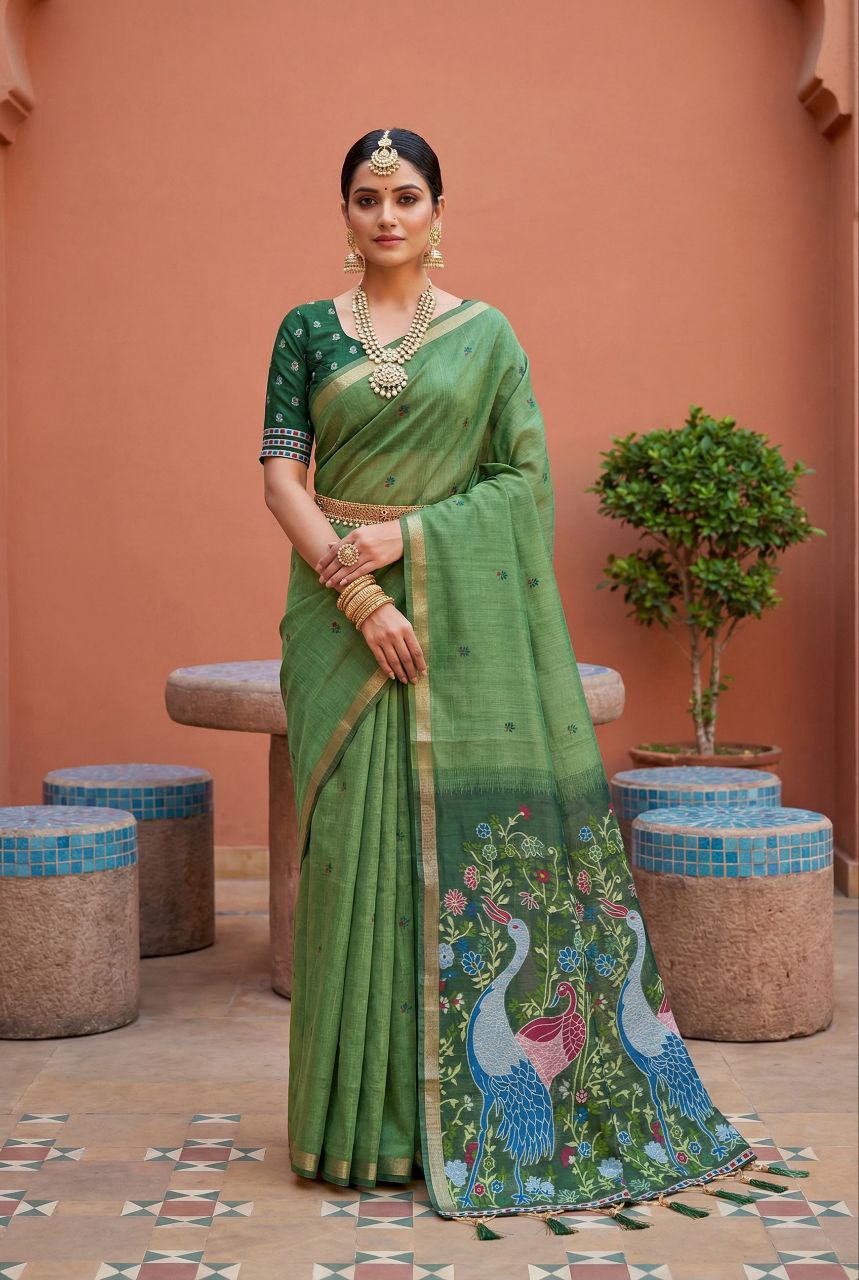 Mameraa Sarees Soft Pure Muga Cotton Saree With Meenakari Weaving Motifs And Contrast Blouse-Green - Dista