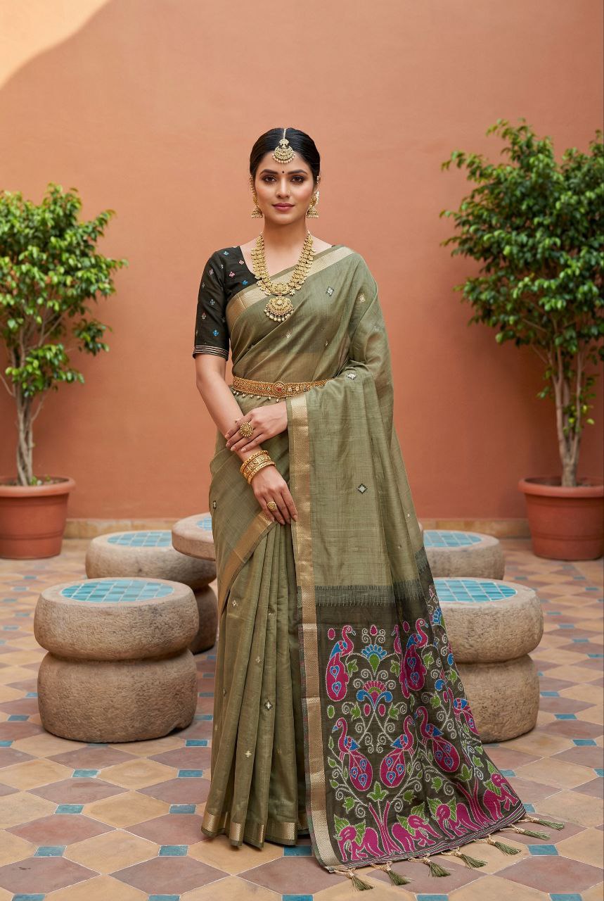 Mameraa Sarees Soft Pure Muga Cotton Saree With Meenakari Weaving Motifs And Contrast Blouse-Mehendi - Dista