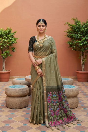 Mameraa Sarees Soft Pure Muga Cotton Saree With Meenakari Weaving Motifs And Contrast Blouse-Mehendi - Dista