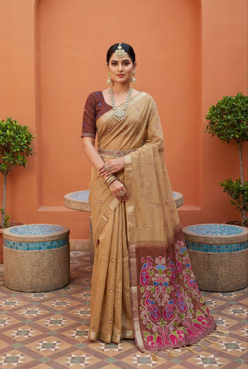 Mameraa Sarees Soft Pure Muga Cotton Saree With Meenakari Weaving Motifs And Contrast Blouse-Cream - Dista