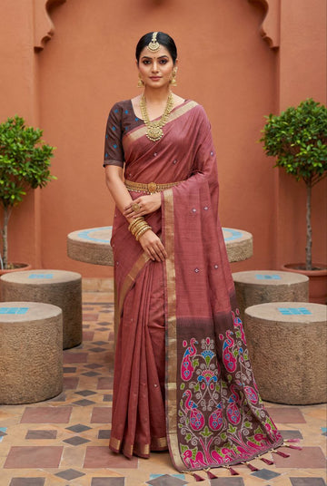 Mameraa Sarees Soft Pure Muga Cotton Saree With Meenakari Weaving Motifs And Contrast Blouse-Pink - Dista