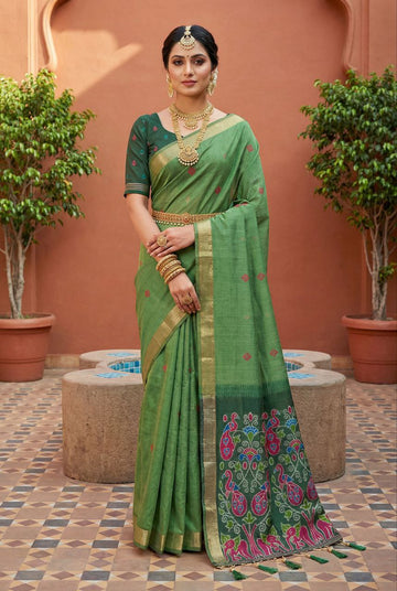 Mameraa Sarees Soft Pure Muga Cotton Saree With Meenakari Weaving Motifs And Contrast Blouse-Green - Dista