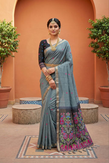 Mameraa Sarees Soft Pure Muga Cotton Saree With Meenakari Weaving Motifs And Contrast Blouse-Grey - Dista