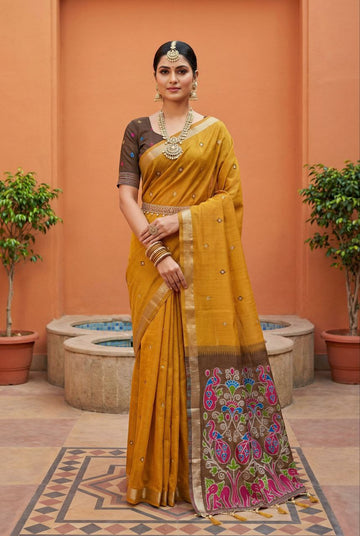Mameraa Sarees Soft Pure Muga Cotton Saree With Meenakari Weaving Motifs And Contrast Blouse-Rust - Dista