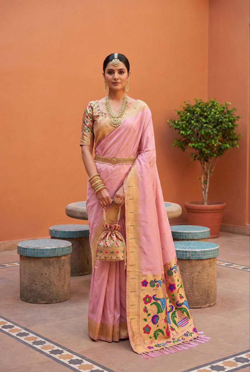 Mameraa Sarees Baby Pink Faux Banarasi Silk Saree With Paithani Rich Weaved Pallu And Blouse-Baby_Pink - Dista