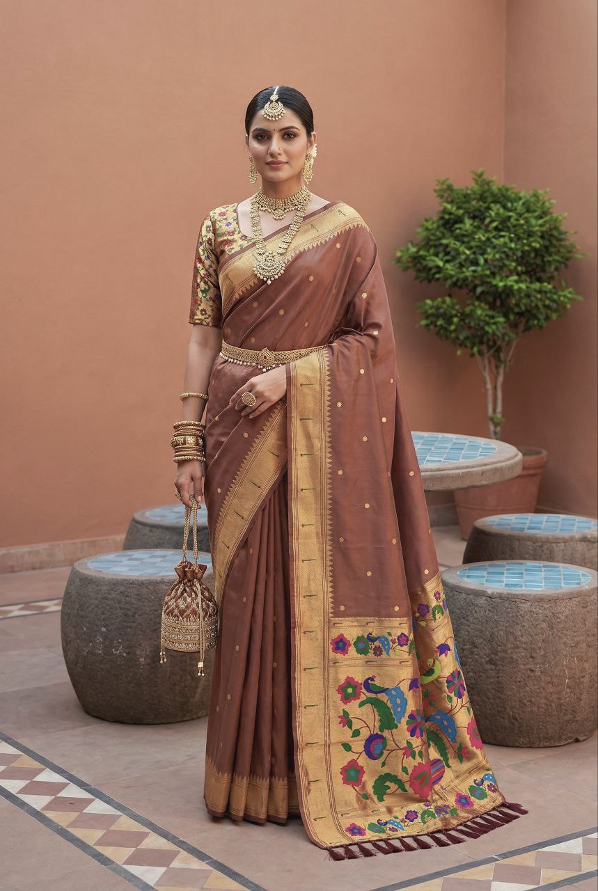 Mameraa Sarees Coffee Faux Banarasi Silk Saree With Paithani Rich Weaved Pallu And Blouse-Cofee - Dista