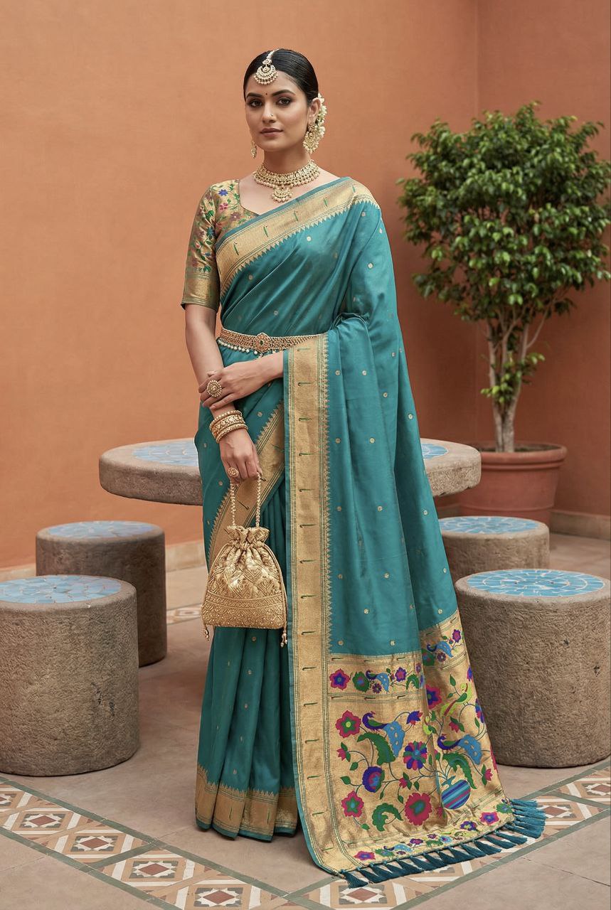 Mameraa Sarees Rama Faux Banarasi Silk Saree With Paithani Rich Weaved Pallu And Blouse-Sea_Green - Dista