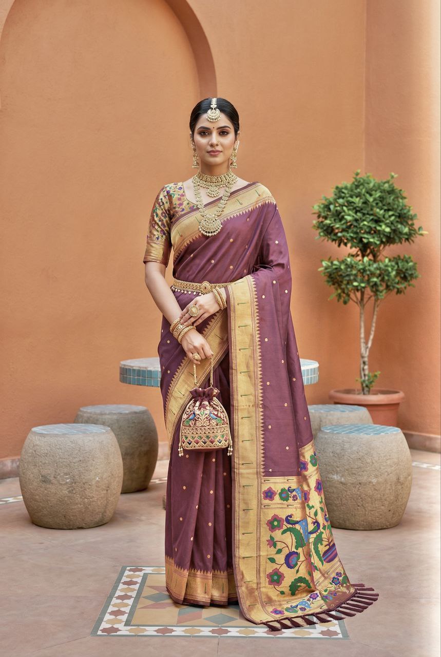 Mameraa Sarees Onion Pink Faux Banarasi Silk Saree With Paithani Rich Weaved Pallu And Blouse-Onion_Pink - Dista