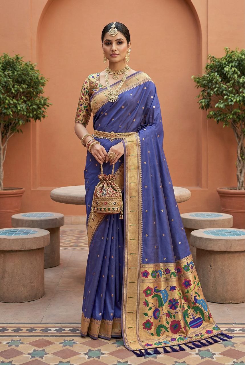 Mameraa Sarees Purple Faux Banarasi Silk Saree With Paithani Rich Weaved Pallu And Blouse-Purple - Dista