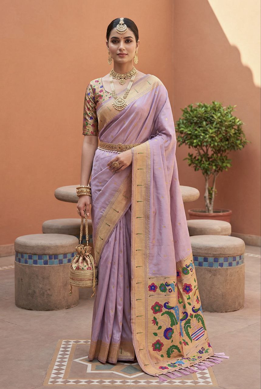 Mameraa Sarees Lavender Faux Banarasi Silk Saree With Paithani Rich Weaved Pallu And Blouse-Lavender - Dista