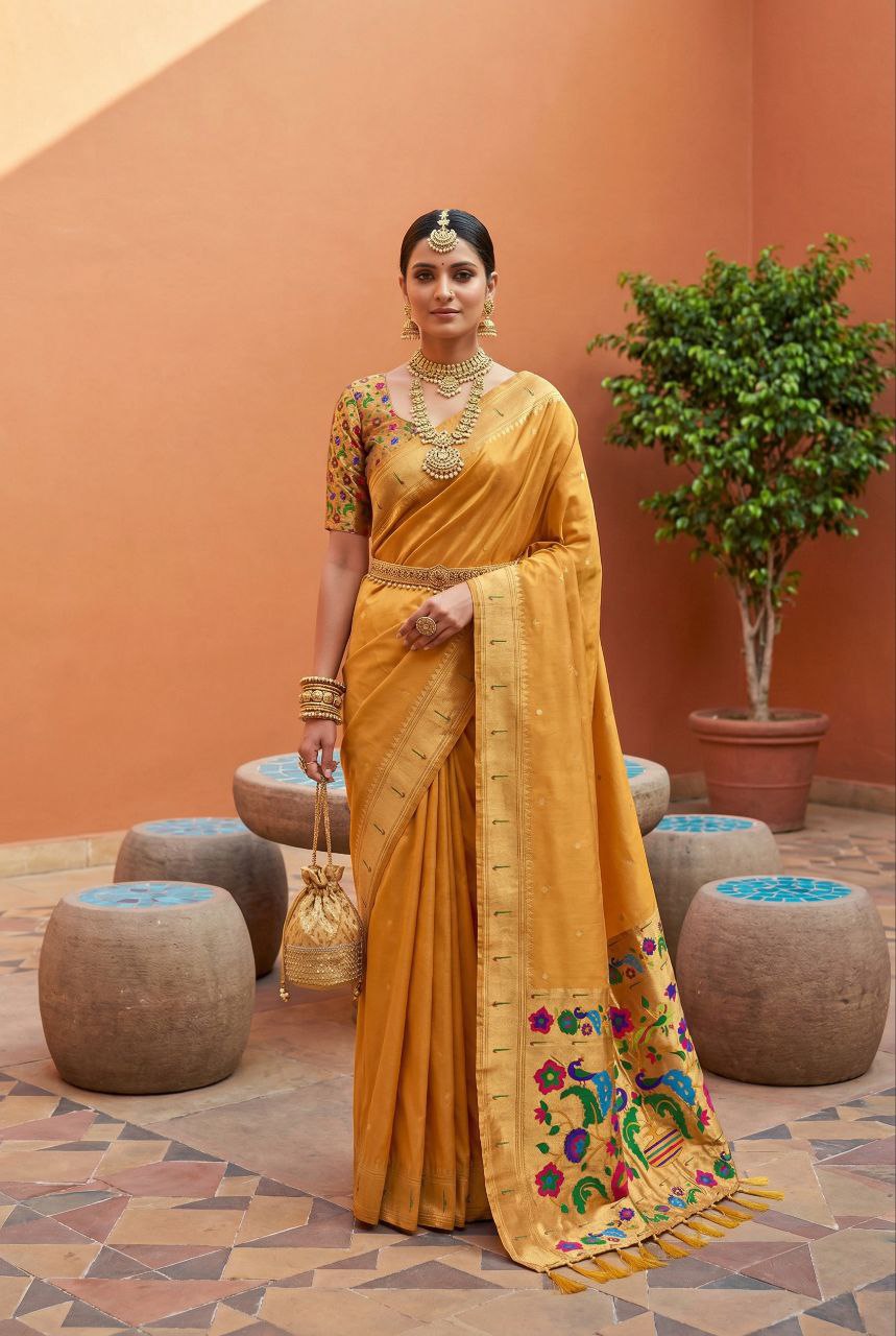 Mameraa Sarees Yellow Faux Banarasi Silk Saree With Paithani Rich Weaved Pallu And Blouse-Yellow - Dista