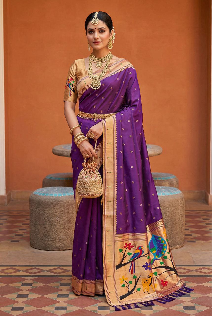 Mameraa Sarees Purple Faux Banarasi Silk Saree With Paithani Rich Weaved Pallu And Blouse-Purple - Dista