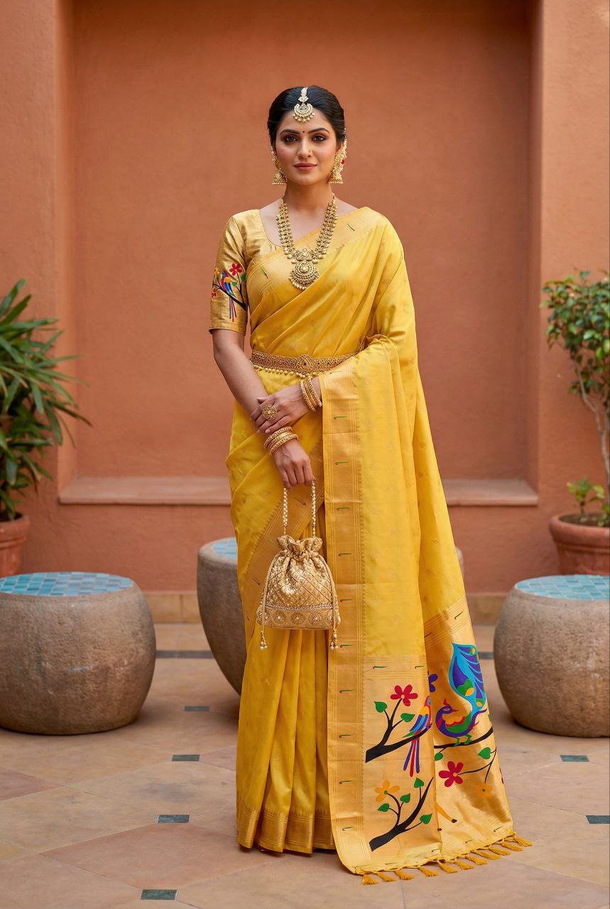 Mameraa Sarees Yellow Faux Banarasi Silk Saree With Paithani Rich Weaved Pallu And Blouse-Yellow - Dista