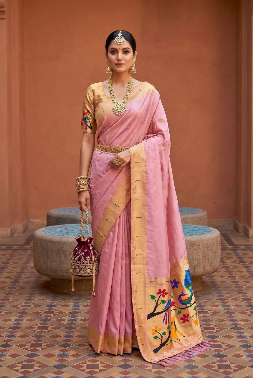 Mameraa Sarees Baby Pink Faux Banarasi Silk Saree With Paithani Rich Weaved Pallu And Blouse-Baby_Pink - Dista