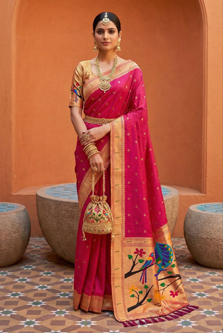 Mameraa Sarees Pink Faux Banarasi Silk Saree With Paithani Rich Weaved Pallu And Blouse-Pink - Dista