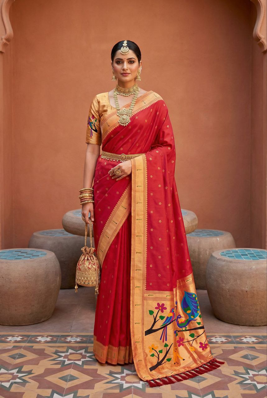 Mameraa Sarees Red Faux Banarasi Silk Saree With Paithani Rich Weaved Pallu And Blouse-Red - Dista