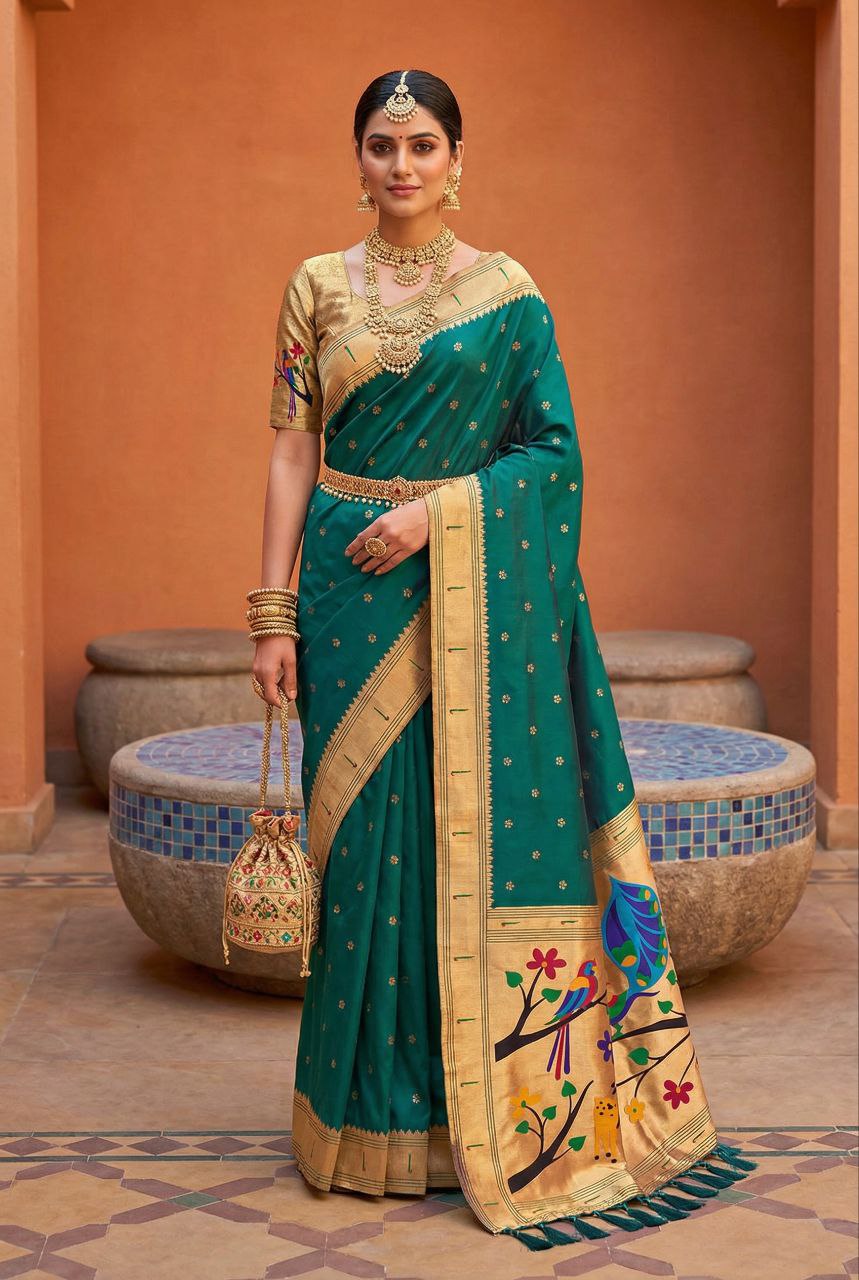 Mameraa Sarees Rama Faux Banarasi Silk Saree With Paithani Rich Weaved Pallu And Blouse-Rama_Green - Dista