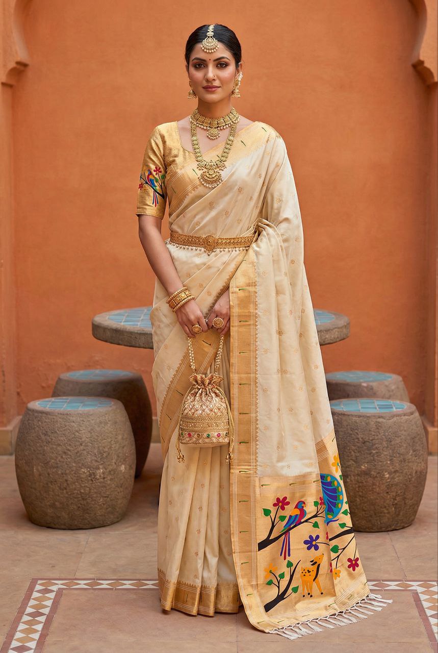 Mameraa Sarees White Faux Banarasi Silk Saree With Paithani Rich Weaved Pallu And Blouse-White - Dista