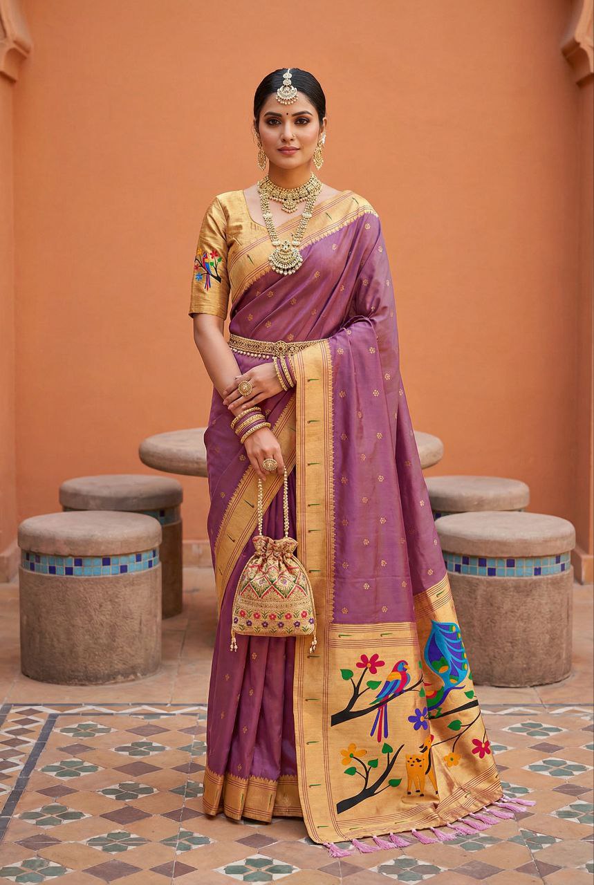 Mameraa Sarees Onion Pink Faux Banarasi Silk Saree With Paithani Rich Weaved Pallu And Blouse-Onion_Pink - Dista