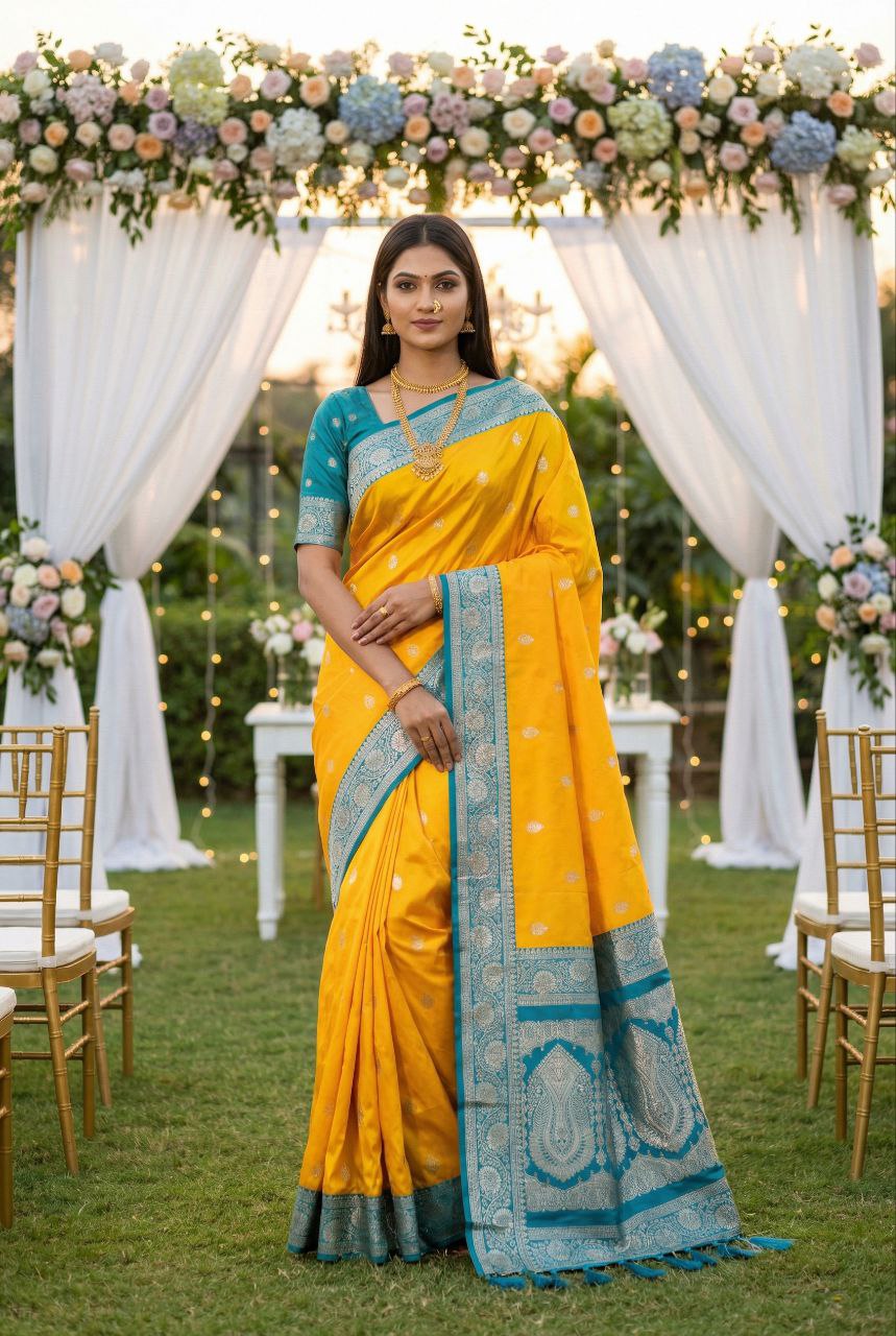 Mameraa Sarees Yellow Soft Silk Blend Saree With Zari Weaving Meenakari Design-Yellow - Dista