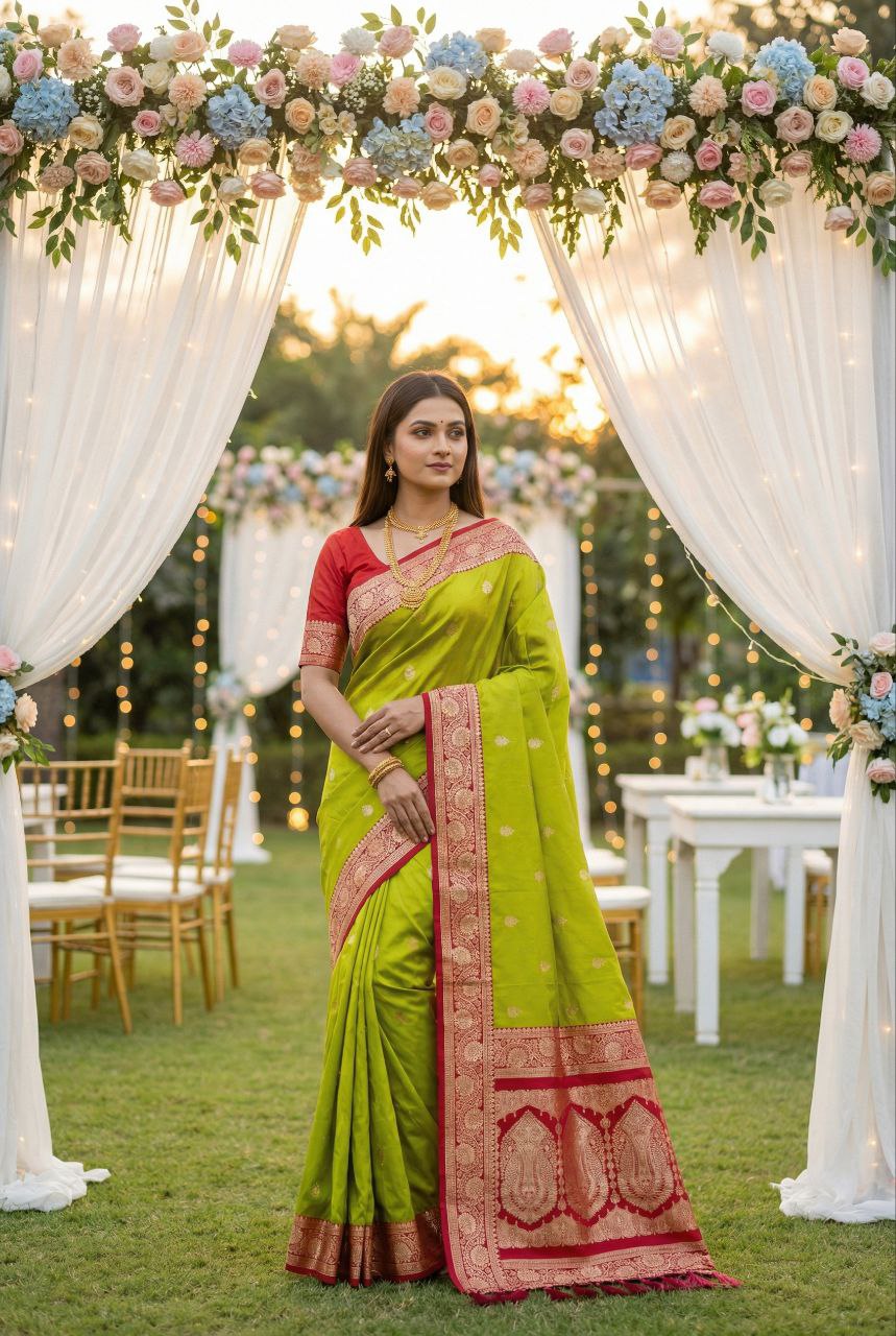 Mameraa Sarees Parrot Green Soft Silk Blend Saree With Zari Weaving Meenakari Design-Parrot_Green - Dista