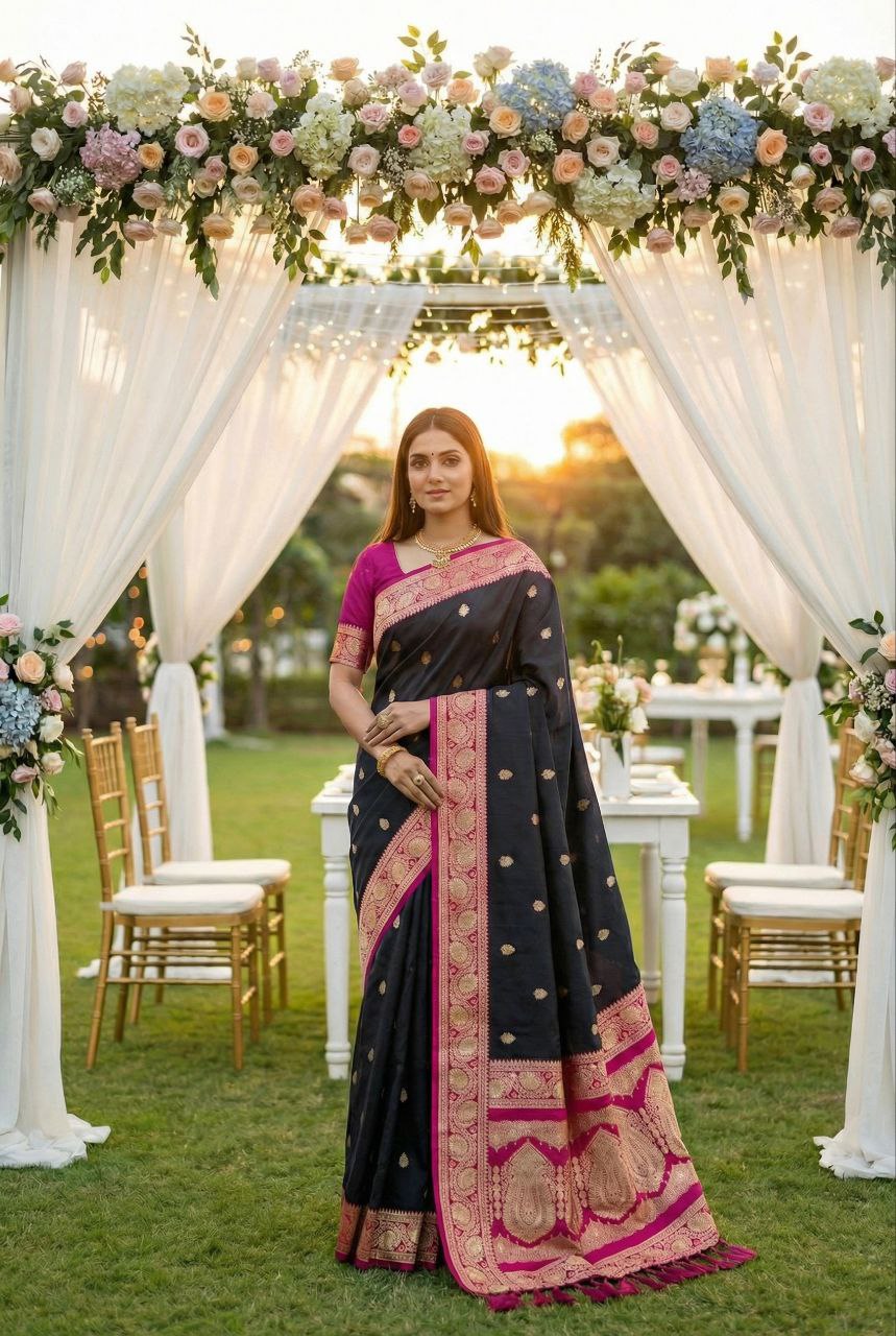 Mameraa Sarees Black Soft Silk Blend Saree With Zari Weaving Meenakari Design-Black - Dista
