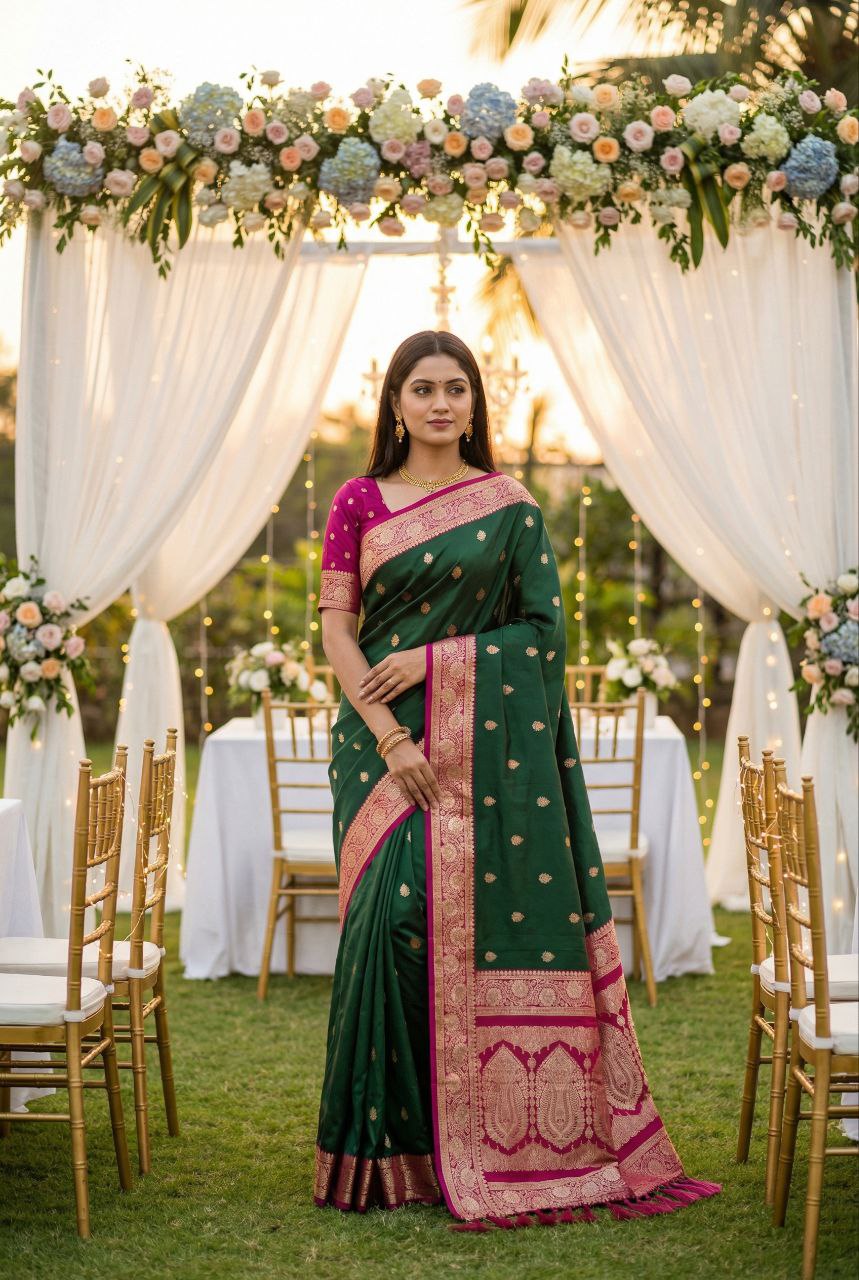 Mameraa Sarees Green Soft Silk Blend Saree With Zari Weaving Meenakari Design-Green - Dista