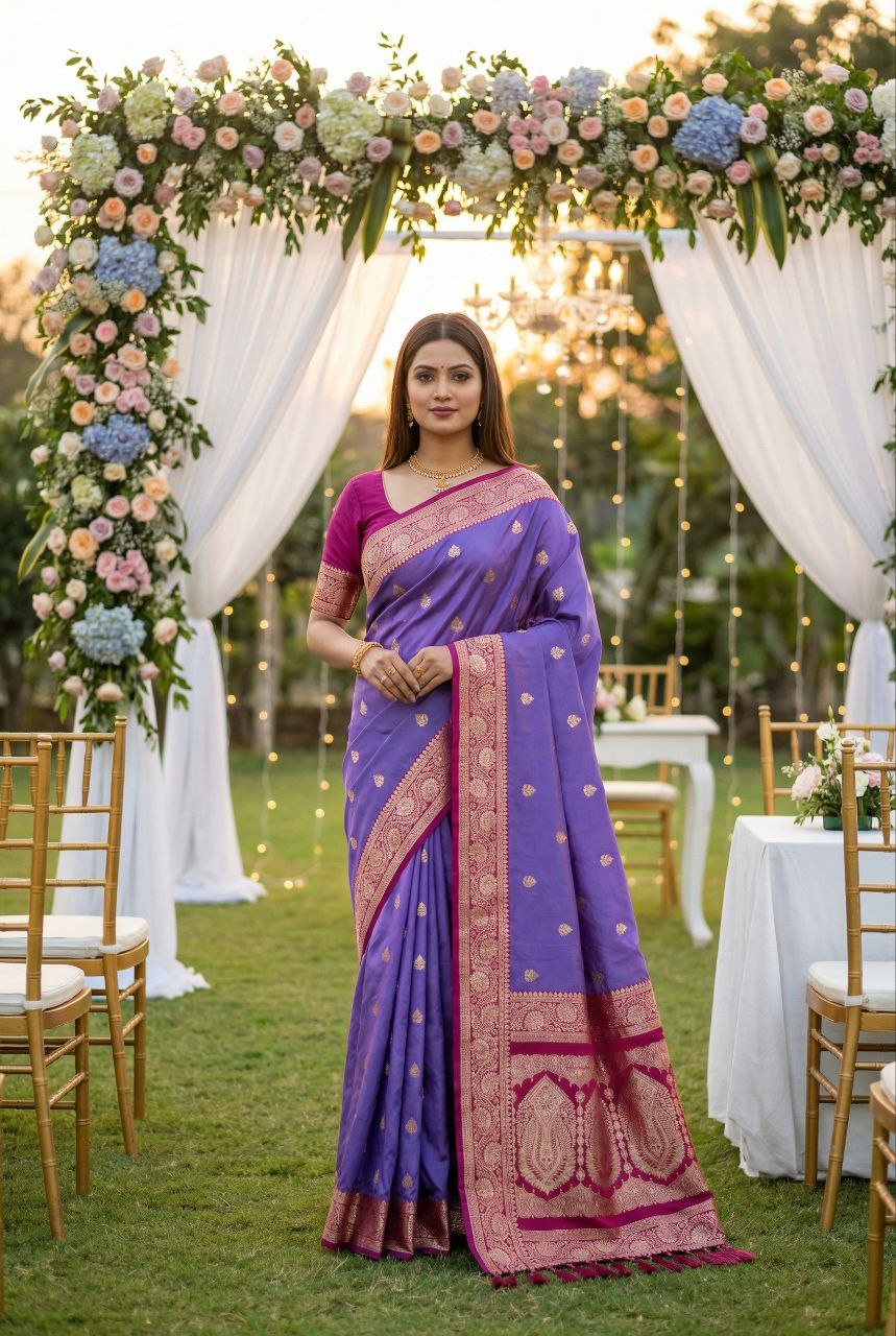 Mameraa Sarees Purple Soft Silk Blend Saree With Zari Weaving Meenakari Design-Purple - Dista