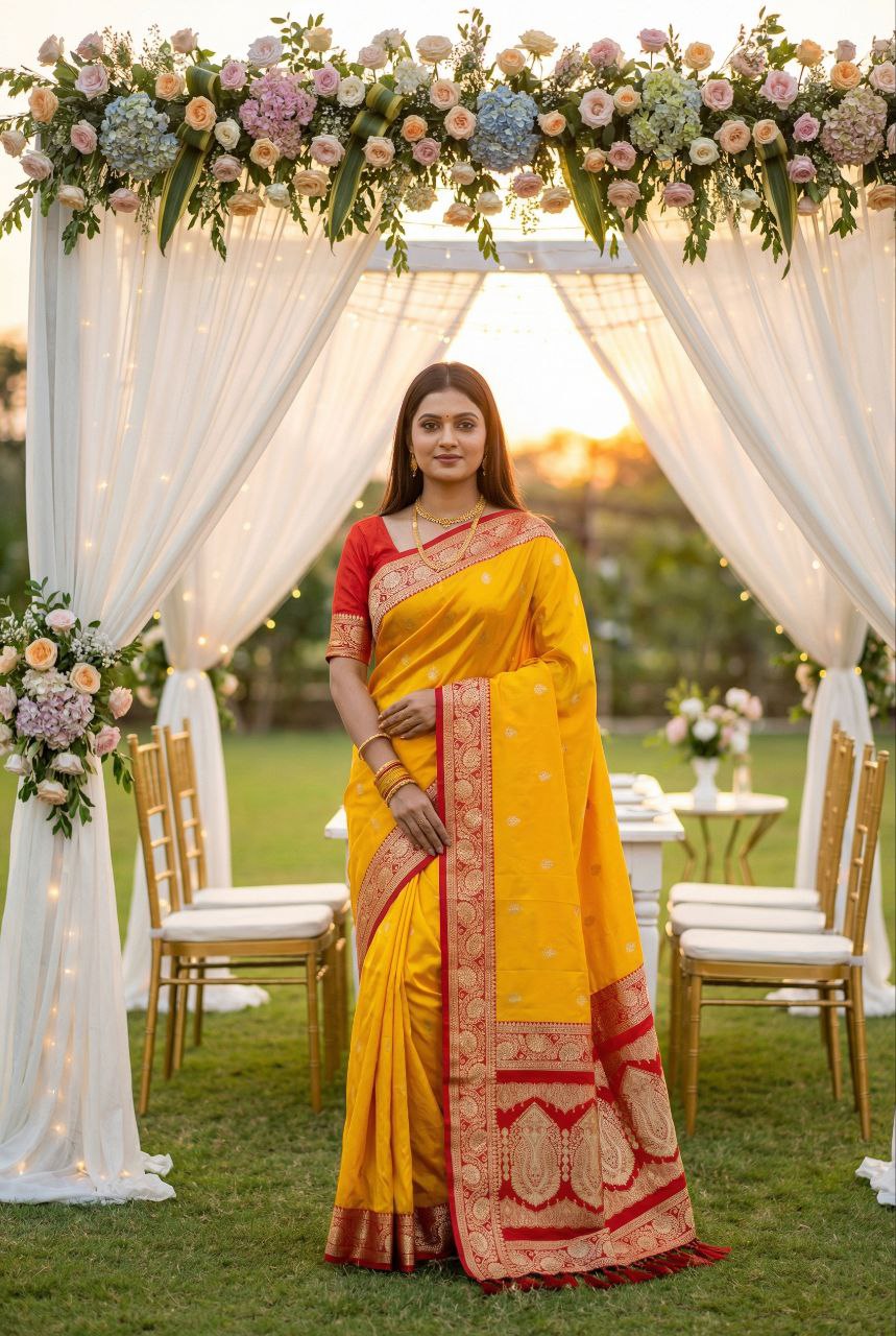Mameraa Sarees Yellow Soft Silk Blend Saree With Zari Weaving Meenakari Design-Yellow - Dista