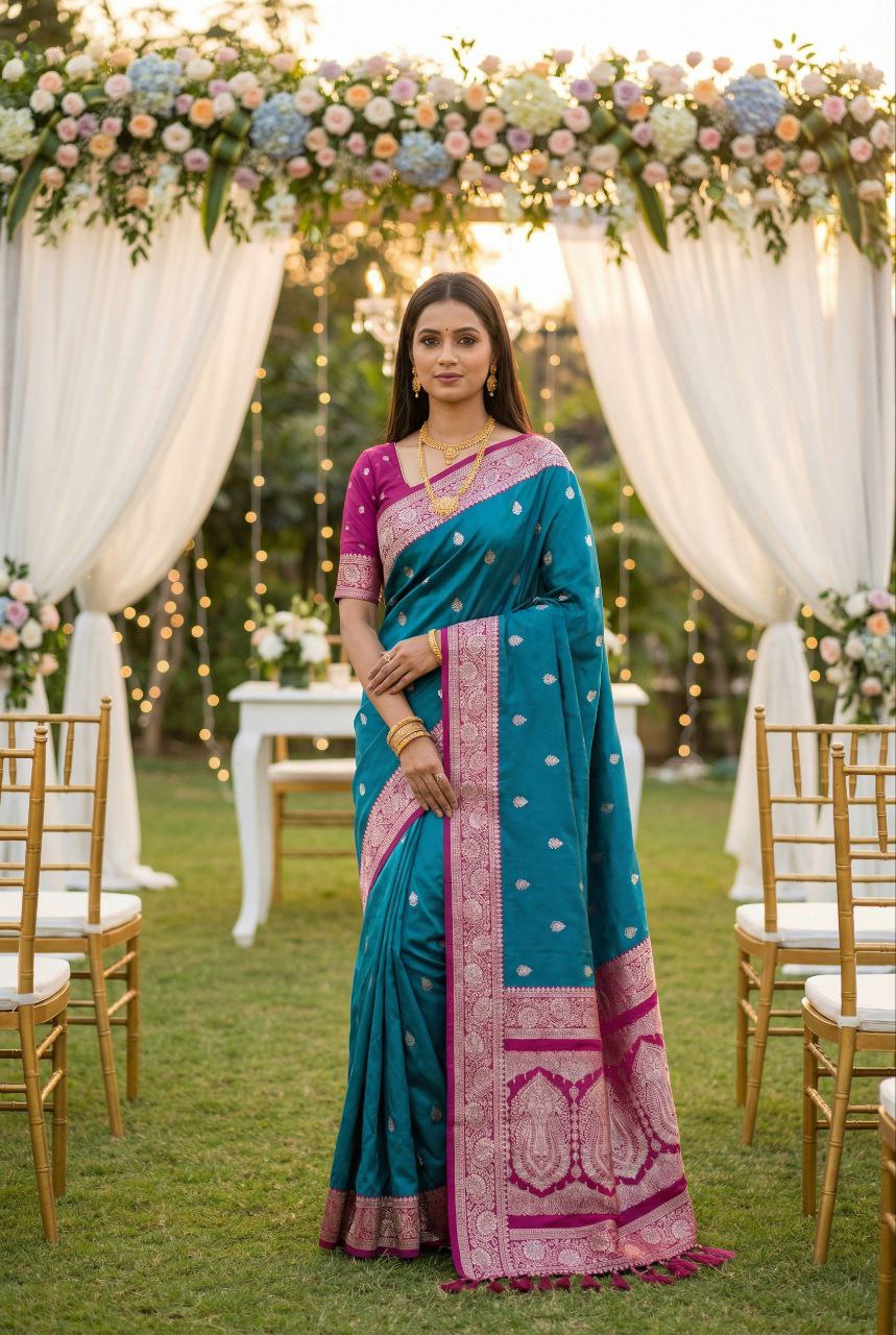 Mameraa Sarees Teal Blue Soft Silk Blend Saree With Zari Weaving Meenakari Design-Teal - Dista