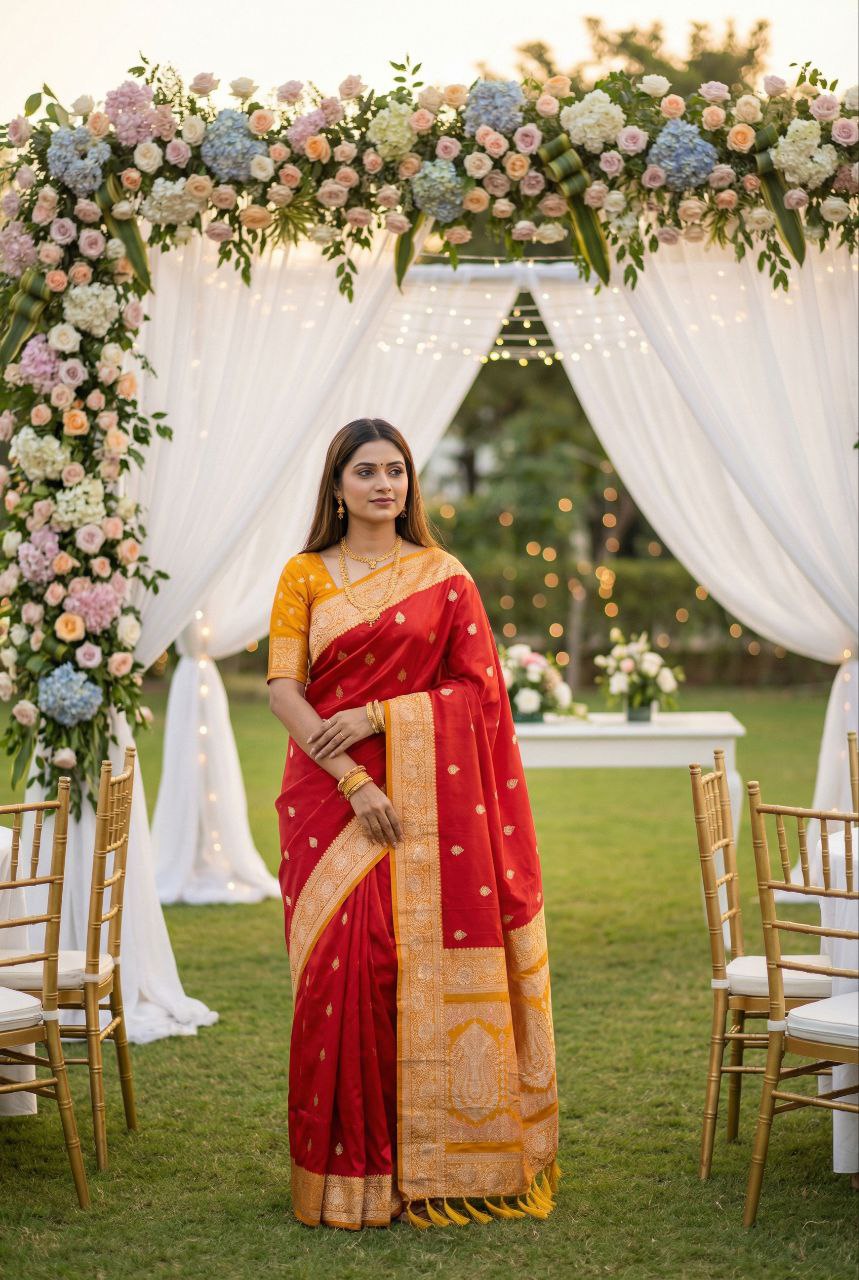Mameraa Sarees Red Soft Silk Blend Saree With Zari Weaving Meenakari Design-Red - Dista