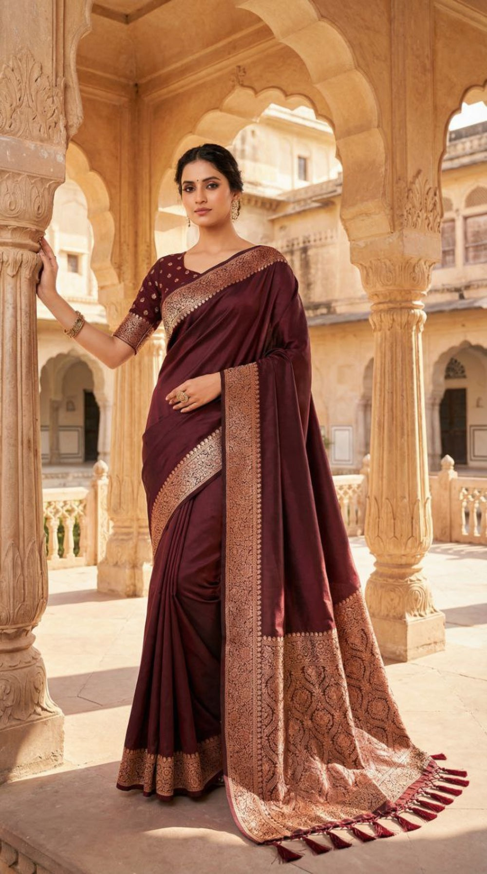 Mameraa Sarees Coffee Soft Banarasi Silk Fabric Saree With Natural Zari Weaving In Gala Border-Coffee - Dista