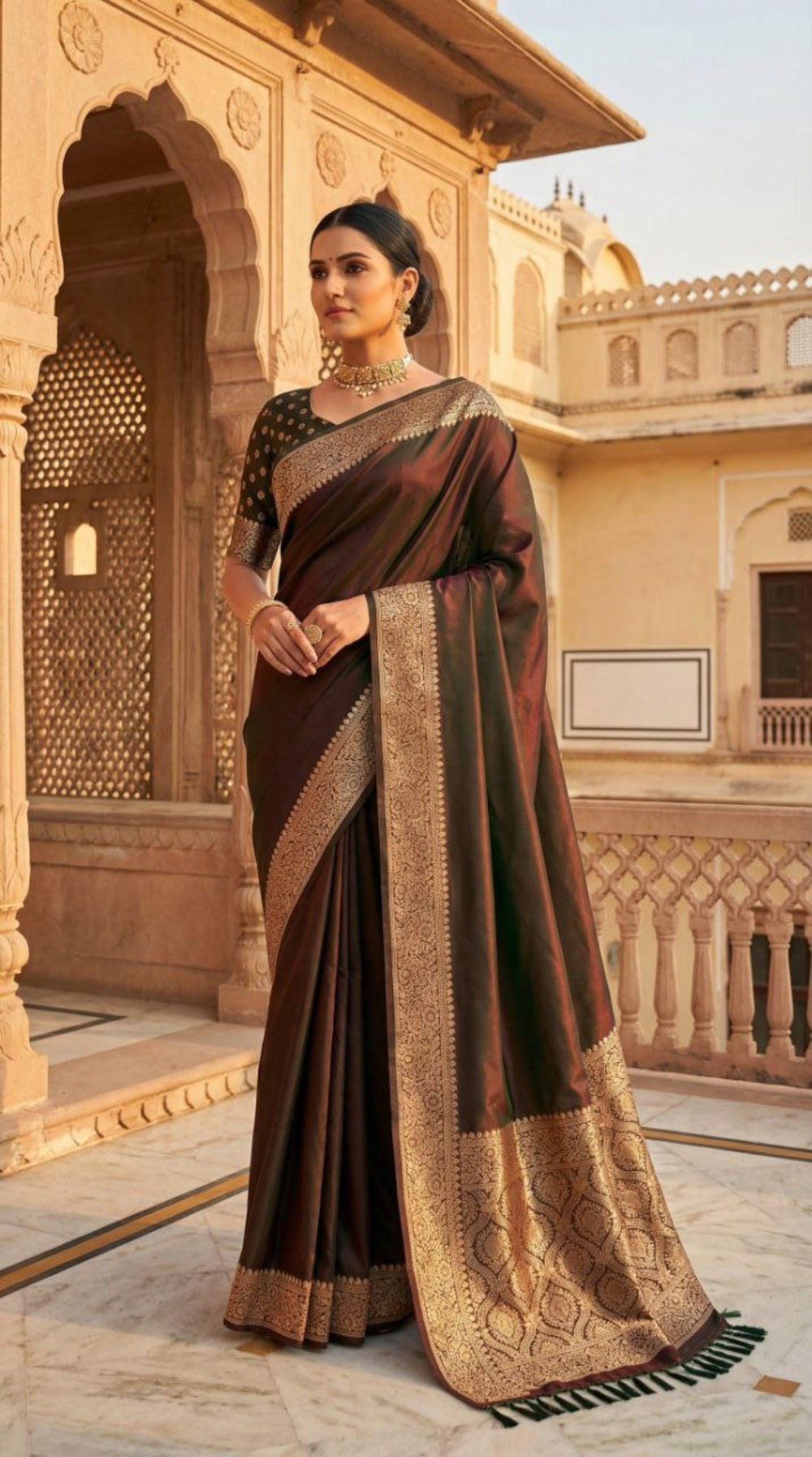 Mameraa Sarees Brown Soft Banarasi Silk Fabric Saree With Natural Zari Weaving In Gala Border-Brown - Dista