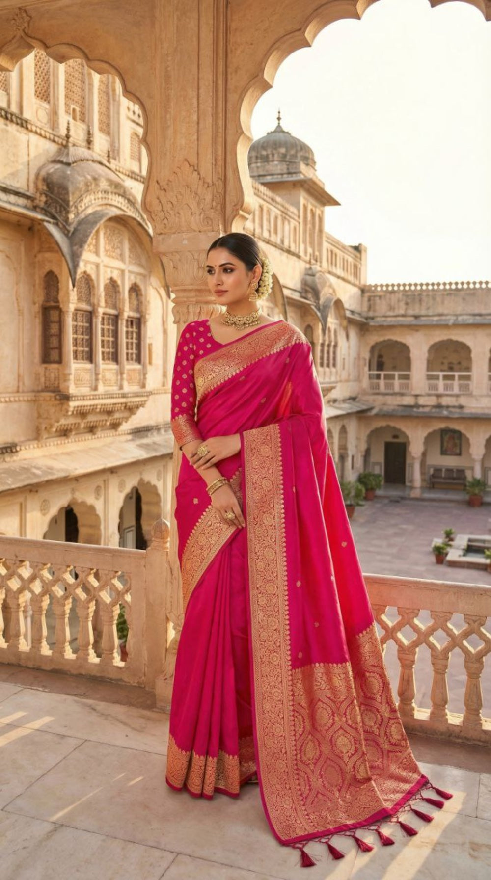 Mameraa Sarees Pink Soft Banarasi Silk Fabric Saree With Natural Zari Weaving In Gala Border-Pink - Dista