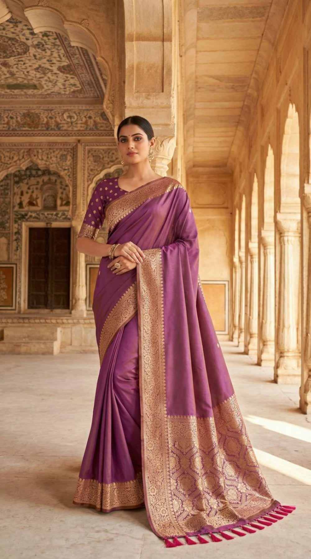 Mameraa Sarees Lavender Soft Banarasi Silk Fabric Saree With Natural Zari Weaving In Gala Border-Lavender - Dista