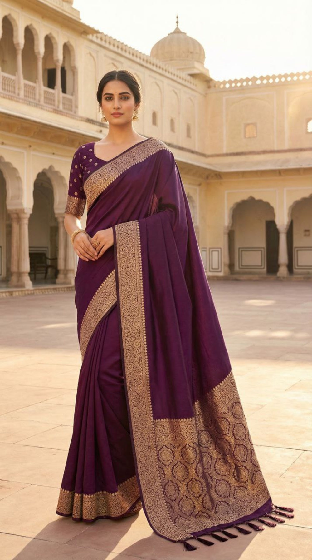 Mameraa Sarees Wine Soft Banarasi Silk Fabric Saree With Natural Zari Weaving In Gala Border-Wine - Dista