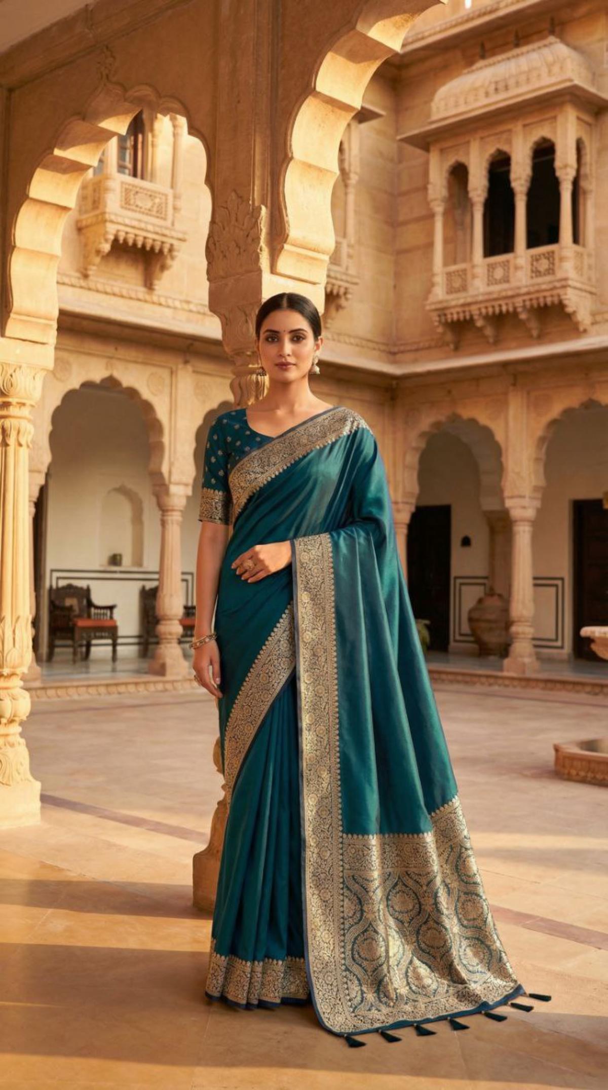 Mameraa Sarees Teal Soft Banarasi Silk Fabric Saree With Natural Zari Weaving In Gala Border-Teal - Dista