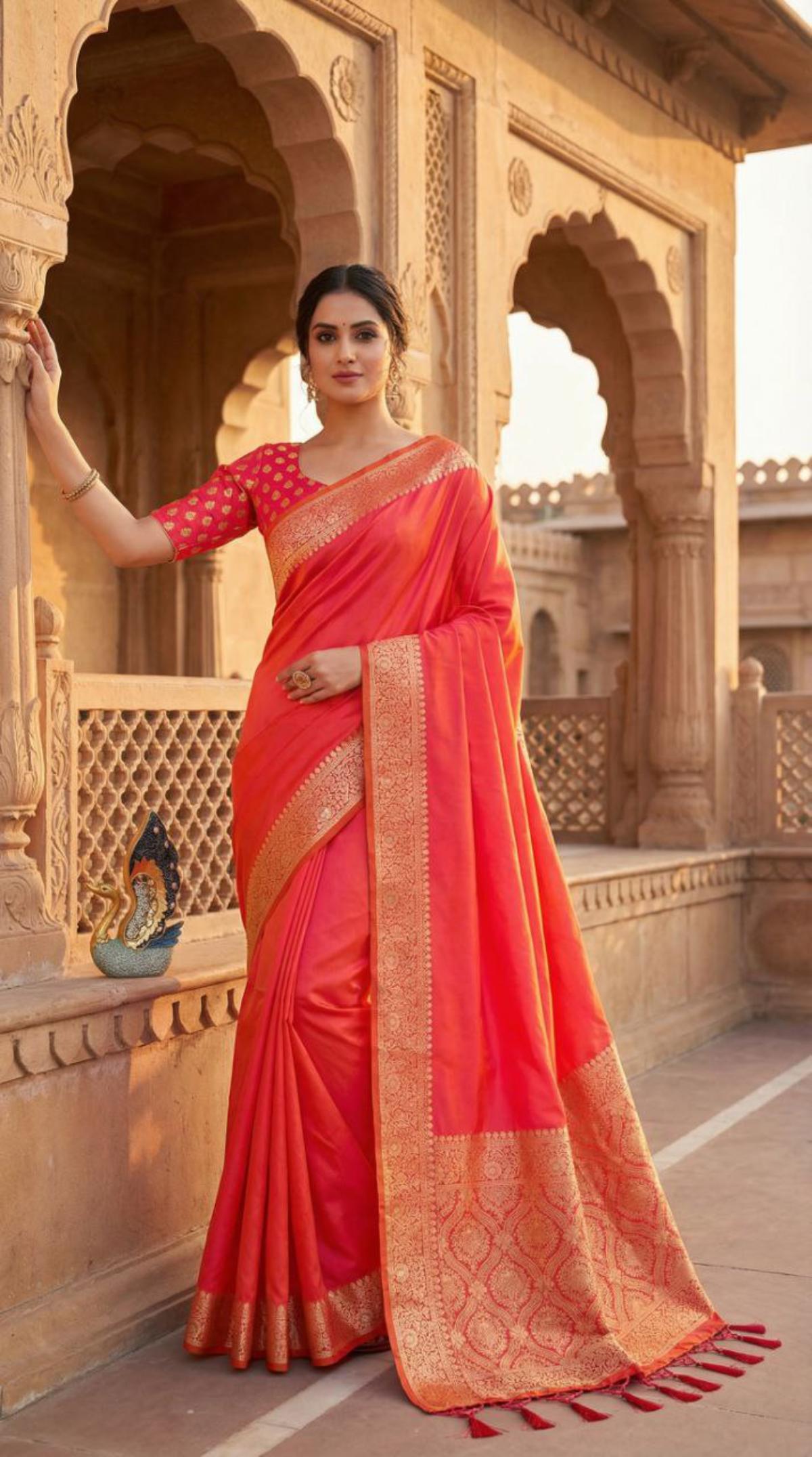 Mameraa Sarees Peach Soft Banarasi Silk Fabric Saree With Natural Zari Weaving In Gala Border-Peach - Dista