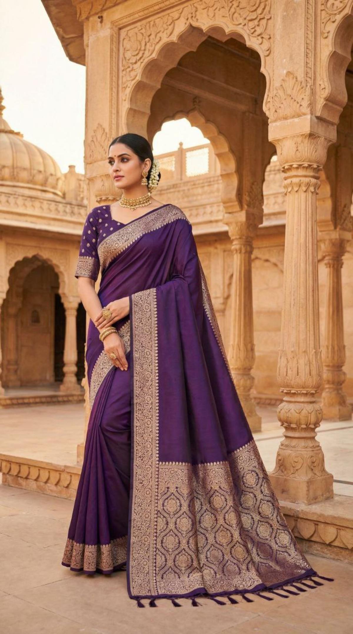 Mameraa Sarees Purple Soft Banarasi Silk Fabric Saree With Natural Zari Weaving In Gala Border-Purple - Dista